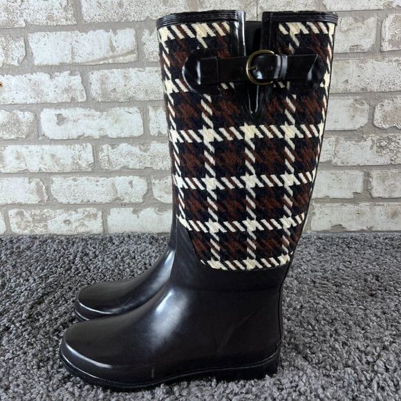 Banana Republic Rain Boots Womens 7 Bridgewater Houndstooth Mid Calf 15" High - Picture 1 of 13